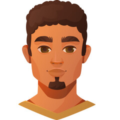 Male avatar headshot with brown hair and short goatee beard tan skin wearing a gold shirt against a transparent background in a frontal view