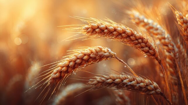 Golden wheat stalks glistening in sunlight, showcasing the beauty of nature's harvest, with a soft bokeh background enhancing the serene agricultural landscape