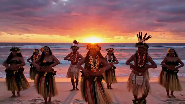 Polynesian dancers performing on a beach at sunset.
