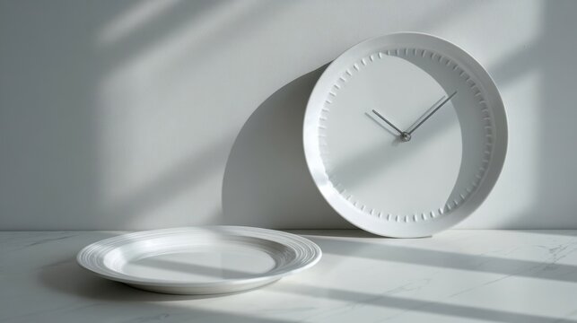 Minimalist white clock and plate arranged on a marble surface, showcasing elegant design and soft shadows, perfect for modern home decor and lifestyle concepts