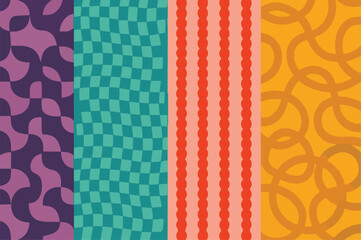 Vibrant Abstract Seamless Pattern Collection- Modern Retro Geometric Backgrounds with Wavy Lines, Warped Grids, and Organic Shapes for Textile, Web, and Packaging Design.
