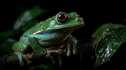Obraz premium Green tree frog resting on a wet branch, close-up of the amphibian in the night light of a tropical forest