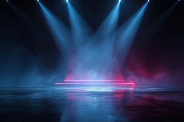 Dark street reflection scene with neon rays and smoky ambiance in an empty stage setting