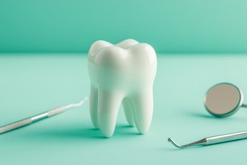 Smiling white teeth showcasing health and dental implants with a green mint backdrop and dentist tools visible including a mirror and hook