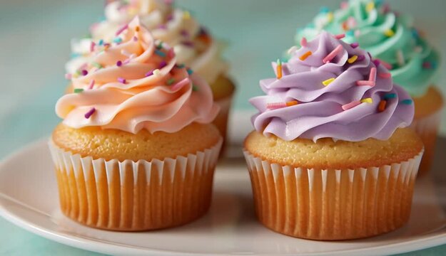 Rotating Fancy Cupcakes with Colorful Frosting and Sprinkles
