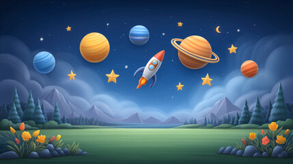Naklejka premium Cosmic Expedition A whimsical illustration of a rocket ship soaring through a starry night sky, surrounded by planets and stars, above a peaceful landscape.