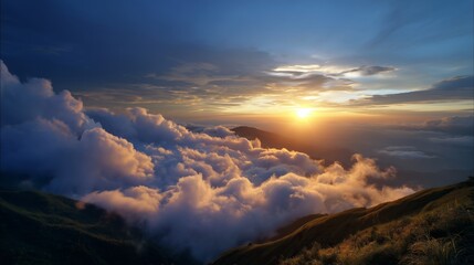 Stunning sunrise over clouds mountain range landscape photography serene environment aerial view