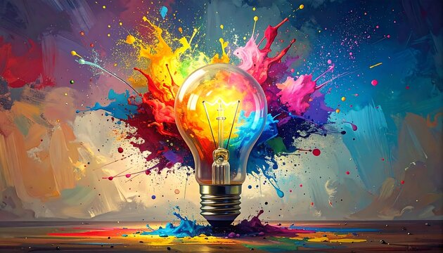 A lightbulb bursts with vibrant, multi-colored paint, symbolizing innovation and creativity
