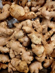 Closeup of pile of ginger at market. 