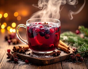 Warm spiced berry drink served in a glass cup during cozy winter evening gathering