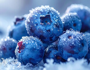 Fresh blueberries covered in frost sparkle under soft light in a winter setting