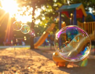 Colorful bubbles floating near playground during sunset