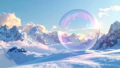 Giant soap bubble floating in a snowy mountain landscape during sunrise