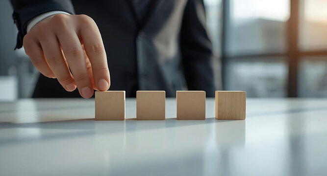 Businessman arranging four wooden cubes spelling brand on office desk, concept of marketing, corporate identity, branding strategy, and professional management in modern workspace