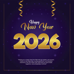 Happy New Year 2026 Luxury Gold Banner, 2026 Gold Number Celebration Design, New Year Eve Party Invitation Template, Festive Purple and Gold Greeting Card 2026