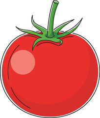 A single ripe red tomato with green stem and leaves on a isolated on transparent background