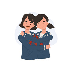 japanese high school girls hugging each other friendship concept. cute students in blue uniforms expressing warmth and connection