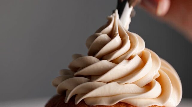Decorating cupcake with creamy frosting using various piping techniques. Perfect for baking enthusiasts looking to elevate their skills.