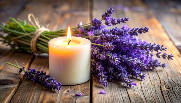 A lit candle next to a bundle of fragrant lavender on rustic wooden planks