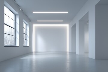 White floor and bare walls in a vacant hall illuminated by overhead LED lighting