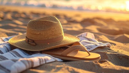 Straw fedora hat and flip flops resting on a beach towel on sandy shore at sunset with golden sun flare and soft ocean waves in background