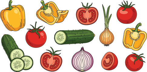 Fresh assortment of colorful vegetables including tomatoes peppers onions and cucumbers for healthy eating isolated on transparent background
