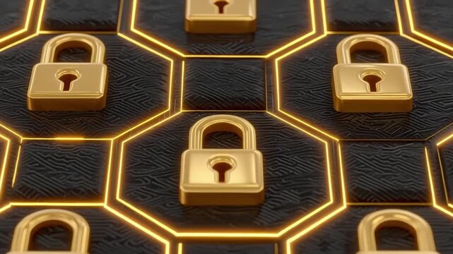 Golden locks textured hexagonal background symbolize cybersecurity and data protection, conveying strong sense of security and safety digital realm while emphasizing importance of safeguarding