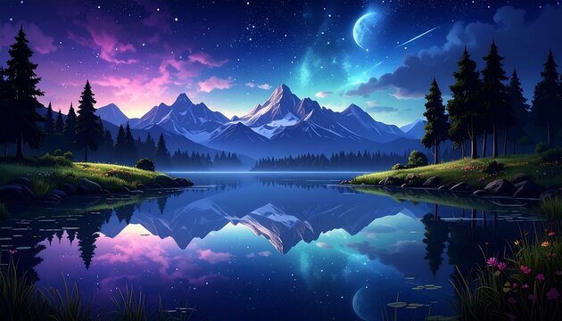 A serene mountain scene at dusk reflecting in a tranquil lake under a starry night sky. The landscape glows