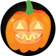 Halloween Jack O Lantern Pumpkin Icon with Glowing Eyes and Mouth on a Black Circular Background for Autumn Celebrations and Spooky Events