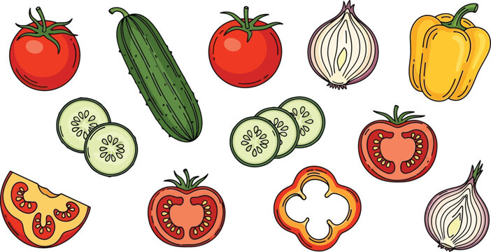 Fresh variety of vegetables and slices tomatoes onions cucumber bell pepper collection isolated on transparent background