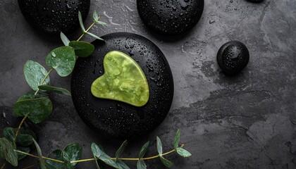 Zen stones and gua sha tool surrounded by eucalyptus, a spa and wellness concept