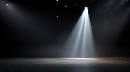 Dramatic spotlight illuminating an empty stage with dark background, creating a captivating atmosphere for performances, presentations, or artistic displays in a theatrical setting