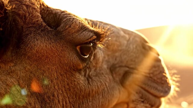 Closeup shot of a dromedary camel eye in the desert during sunset golden hour