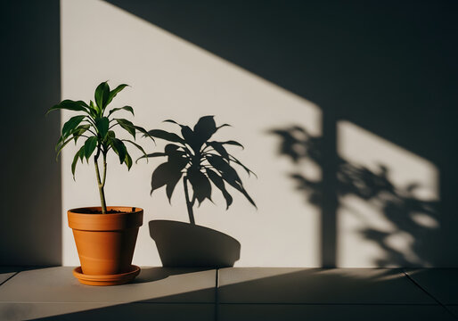 Indoor plant with sunlight and shadow against wall botany concept