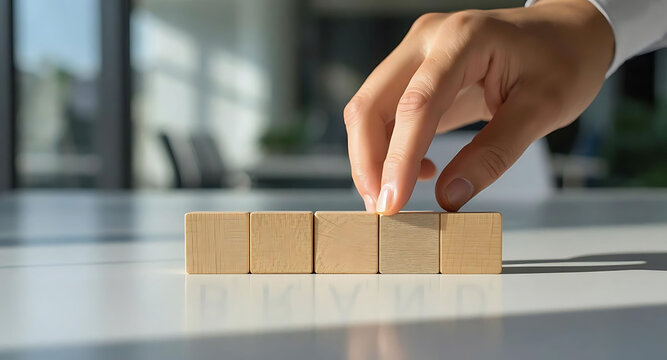 Businessman arranging five wooden cubes spelling brand on office desk, concept of marketing, corporate identity, branding strategy, and professional management in modern workspace