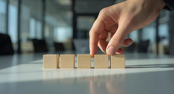 Businessman arranging five wooden cubes spelling brand on office desk, concept of marketing, corporate identity, branding strategy, and professional management in modern workspace