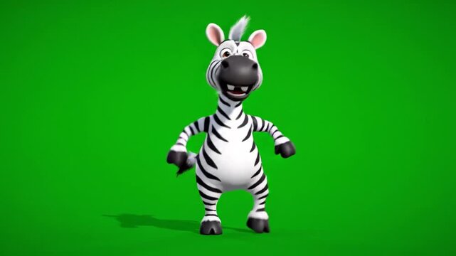 Cute 3D Cartoon Zebra Character Standing on Green Screen Background