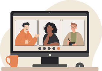 Flat Illustration of a Virtual Team Meeting and Global Video Call on a Computer Screen