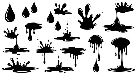 Various black ink droplets and splashes are isolated on a, creating dynamic liquid forms.