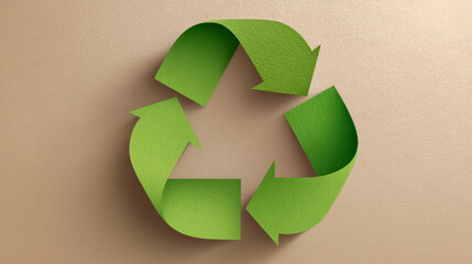 Bright green recycling symbol with textured paper effect on beige background, eco-friendly sustainability icon