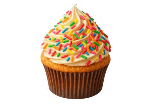 Cupcake with colorful sprinkles and vanilla frosting on transparent background, celebrating party desserts