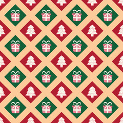 Christmas tree, and gift box with a green and red decorative frames on a yellow  background. Cute Christmas seamless pattern for clothing, fabric, wallpaper, backdrop, home decoration, and cover book.