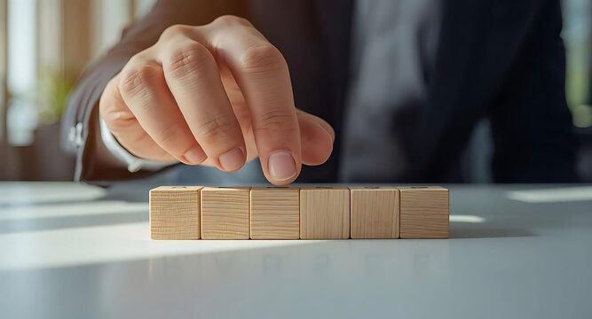 Businessman arranging six wooden cubes spelling brand on office desk, concept of marketing, corporate identity, branding strategy, and professional management in modern workspace