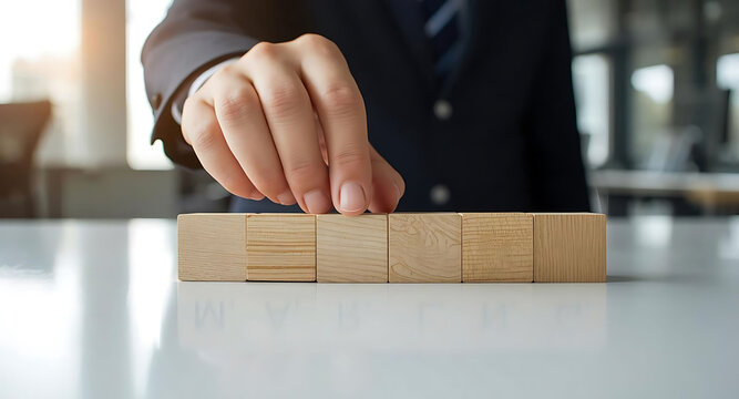 Businessman arranging six wooden cubes spelling brand on office desk, concept of marketing, corporate identity, branding strategy, and professional management in modern workspace