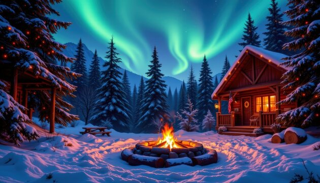 A Christmas night panorama showing a forest cabin and nearby pine trees decorated with warm lights