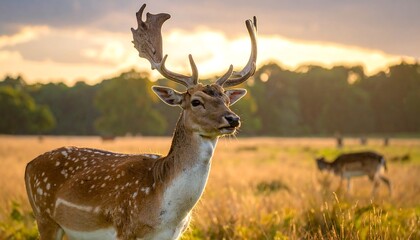 A majestic buck with large antlers stands in a field, another deer in background, bathed in sunlight