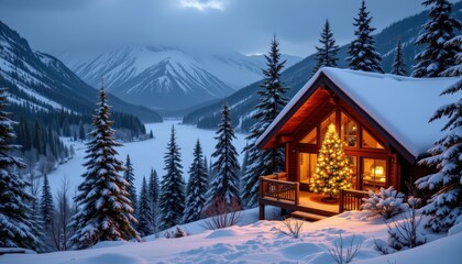 A cozy mountain lodge overlooking a frozen lake surrounded by evergreens dusted with snow