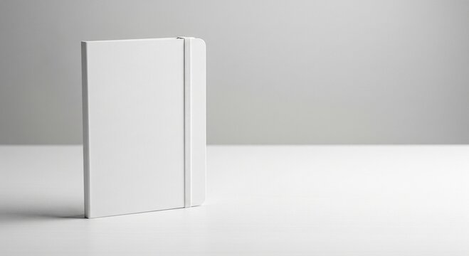 White Minimalist Vertical Notebook Mockup Standing on Table with Elastic Band