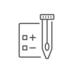 Medical test result flat line icon. Vector outline pictogram of laboratory report document with plus minus symbols and test tube. blood analysis, diagnostic exam, and healthcare checkup data.