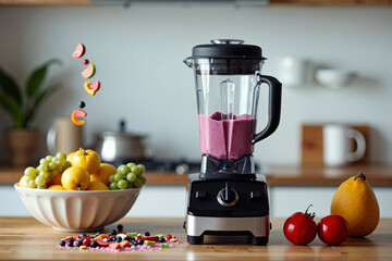 of a hand pouring liquid into the blender filled with fresh fruits - Vibrant Smoothie Making: From Ingredients to Blending